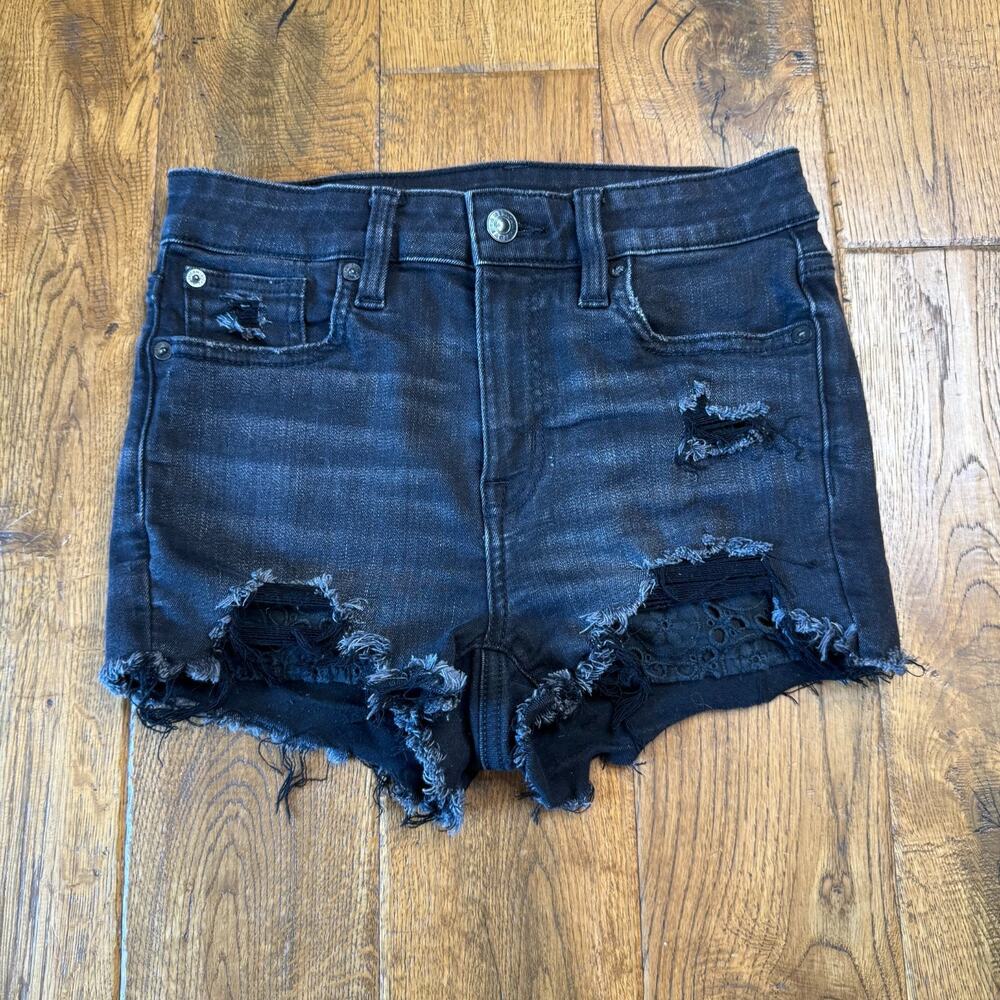 American Eagle Outfitters Black Shorts Hi-Rise Shortie Super Stretch Denim Sz 00 - Picture 1 of 6
